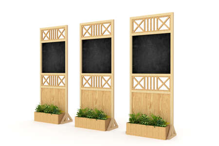 3d illustration standing display backdrop divider wooden texture with blank space blackboard for information and plants. High resolution image white background isolated.の写真素材