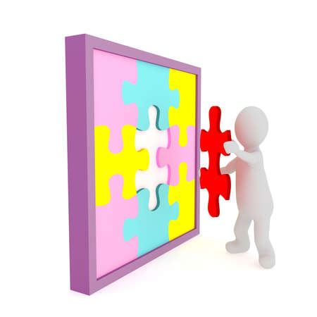 Stickman solving puzzle problem. 3d illustration high resolution image white background isolated.の写真素材