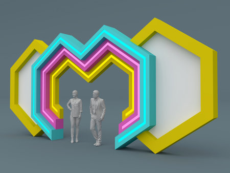 3d illustration gate entrance geometric love colorful decoration with blank space company for event exhibition. High resolution image background isolated.の写真素材