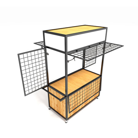 3d illustration cart sell marketing metal and wood construction portable with blank space  company for sales display market. High resolution image white background isolated.の写真素材