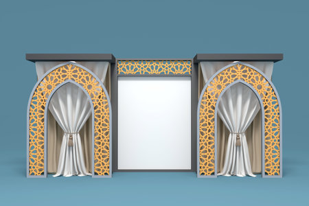 3d stand booth backdrop blank ornament decoration cutting frame with double wing backdrop curtain and downlight for event wedding. High resolution image illustration isolated.の写真素材