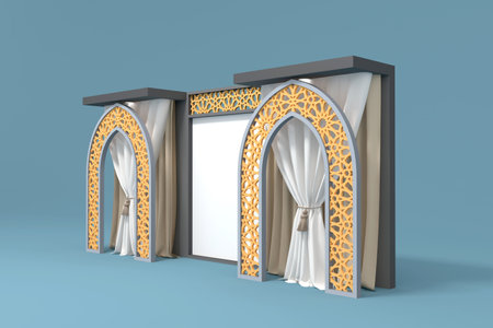 3d stand booth backdrop blank ornament decoration cutting frame with double wing backdrop curtain and downlight for event wedding. High resolution image illustration isolated.の写真素材