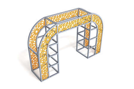 3d gate entrance metal construction ornament decoration cutting for event wedding exhibition. High resolution image illustration isolated.の写真素材