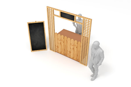 3d illustration stand booth display food and drink with blank banner wood texture for marketing sales. High resolution image isolated.の写真素材