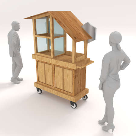 3d illustration sell cart portable stand booth wood texture with blank space logo company for marketing product food and drink. High resolution image isolated.の写真素材