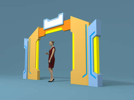 3d illustration gate entrance backdrop wall construction colorful decoration with blank space logo company for event exhibition. High resolution image background  isolated.の写真素材
