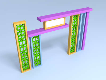 3d illustration gate entrance backdrop wall construction arabic  islamic ornament mosque decoration with blank space logo company for event exhibition. High resolution image background  isolated.の写真素材