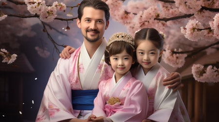 Happy family in traditional japanese kimono with sakuraの素材