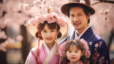Asian family wearing traditional japanese kimono with cherry blossomの素材