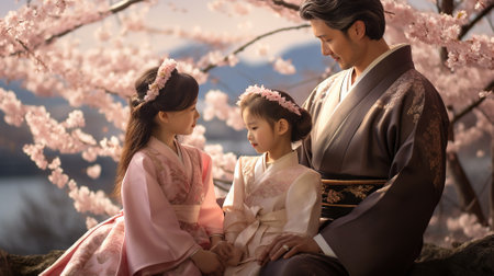 Cute little girl and her father in traditional Japanese clothes during cherry blossom seasonの素材