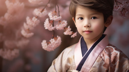 Cute japanese girl in kimono and cherry blossomの素材