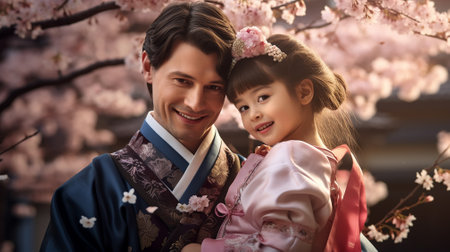 Cute little girl and her handsome young dad in kimonoの素材