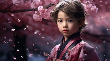Portrait of a cute little boy in a kimono and cherry blossomの素材