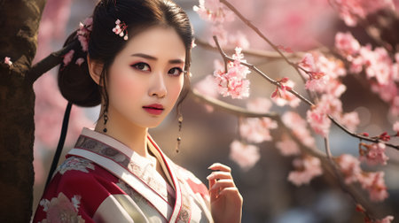 Beautiful asian woman in kimono with cherry blossomの素材