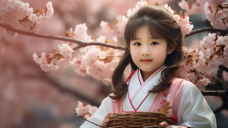 Japanese girl in kimono with cherry blossom and sakuraの素材