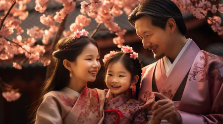 Happy family in traditional japanese kimono with cherry blossomの素材