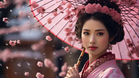 Beautiful asian woman with pink japanese kimono and umbrellaの素材