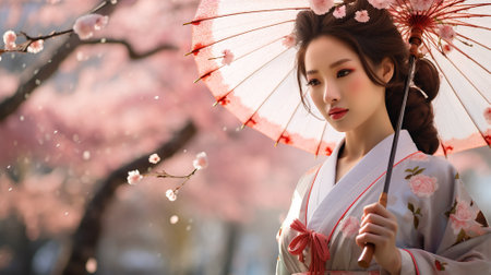 Beautiful asian woman wearing Japanese kimono with cherry blossomの素材