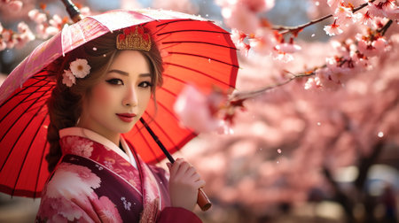 Beautiful asian woman in kimono with cherry blossomの素材