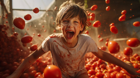 Tomato Mayhem! Kids Celebrating La Tomatina Festivalの素材