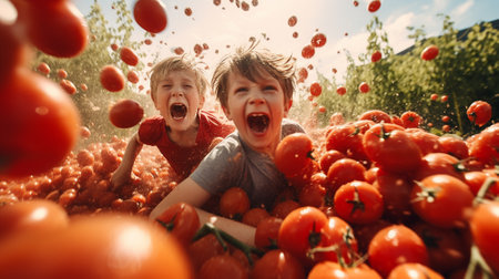 Kids Drenched in Red: La Tomatina's Messy Tomato Battle Funの素材