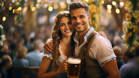 Young couple in traditional Bavarian clothes drinking beer in a pub.の素材