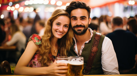 Portrait of happy young couple having beer at bar counter in pubの素材