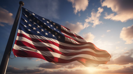American flag waving in the wind against blue and orange sky with sunの素材
