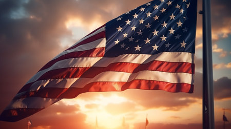 American flag waving in the wind with sunset background. 3d renderingの素材