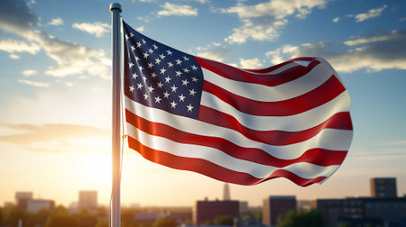 United States of America flag blowing in the wind. 3d renderの素材
