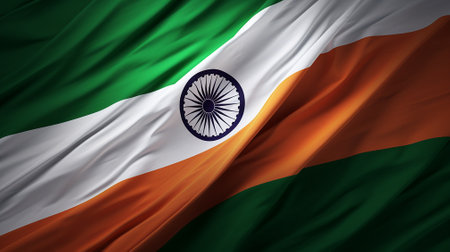 India Flag waving in the wind, closeup of photo, background textureの素材