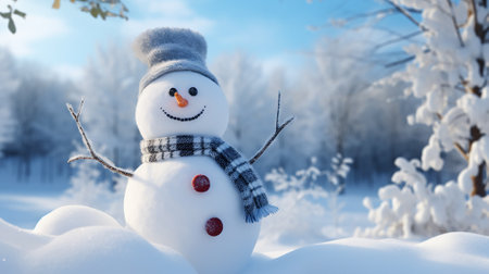 Snowman in the winter forest. Christmas and New Year background.の素材