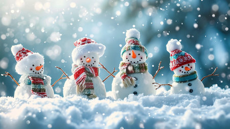 Snowman family on snow background. Christmas and New Year concept.の素材