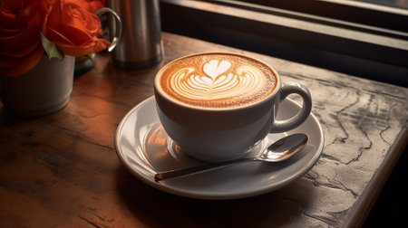 cup of coffee latte art on wooden table in coffee shop.の素材