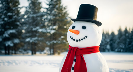 Snowman in red scarf and top hat on winter forest background.の素材