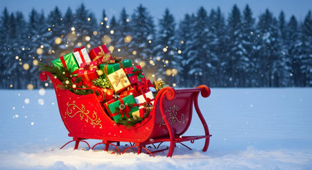 Santa Claus sleigh with presents in snowy forest. 3D renderingの素材