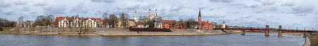 Panorama of Kaunas Old Town from church towers and bridge over Nemunas spring afternoon