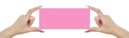 business card in woman hand isolated over whiteの写真素材