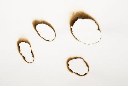 four burned holes in a paperの写真素材