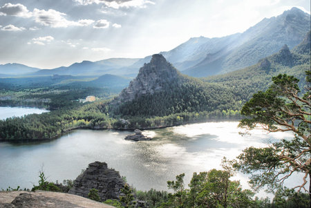 beautiful mountain lake and blue skyの写真素材