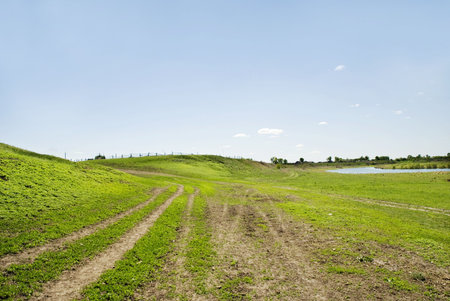 village road and green grass and blue sky