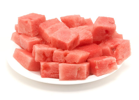 watermelon cubes on a plateの写真素材