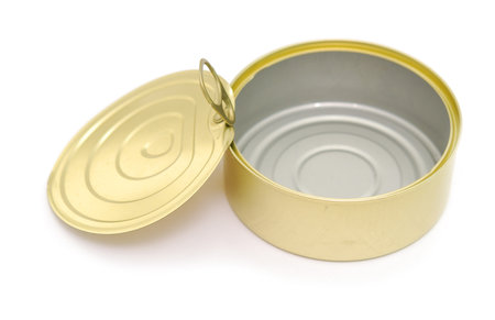 open tin can isolated on whiteの写真素材