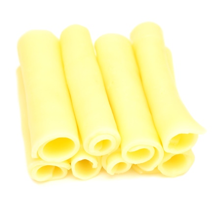 rolled cheese on white background