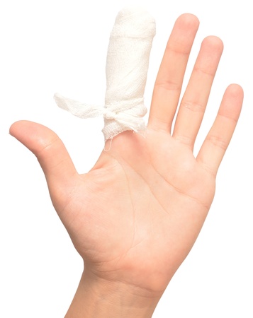 bandage on finger isolated on whiteの写真素材
