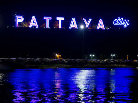 Pattaya name board at night, Thailandの写真素材