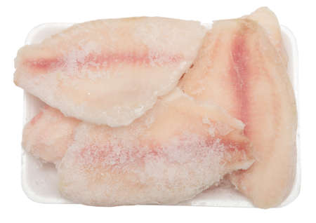 frozen fish fillet isolated on white backgroundの写真素材