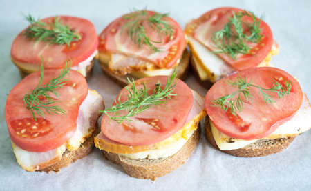 sandwiches with cheese, carbonade, tomato on a paperの写真素材