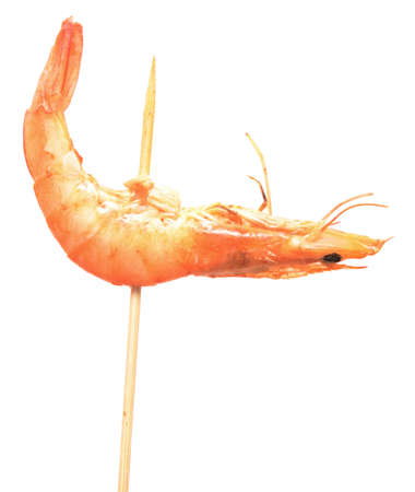 whole shrimp on wooden stick isolated on whiteの写真素材