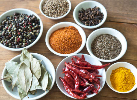 spices on wooden tableの写真素材